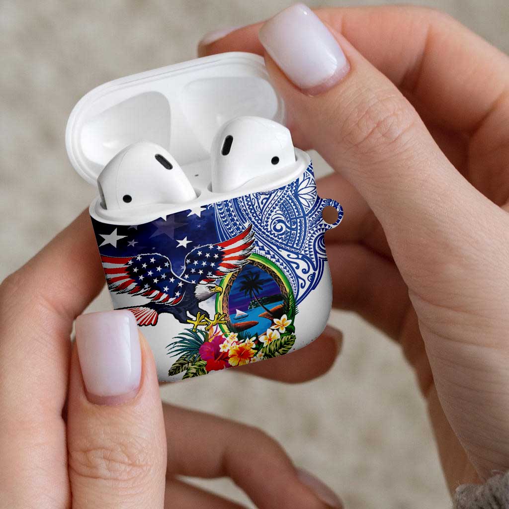 Guam and United States Together AirPods Case Bald Eagle and Guam Seal with Flower and Tribal Tattoos - Polynesian Pride