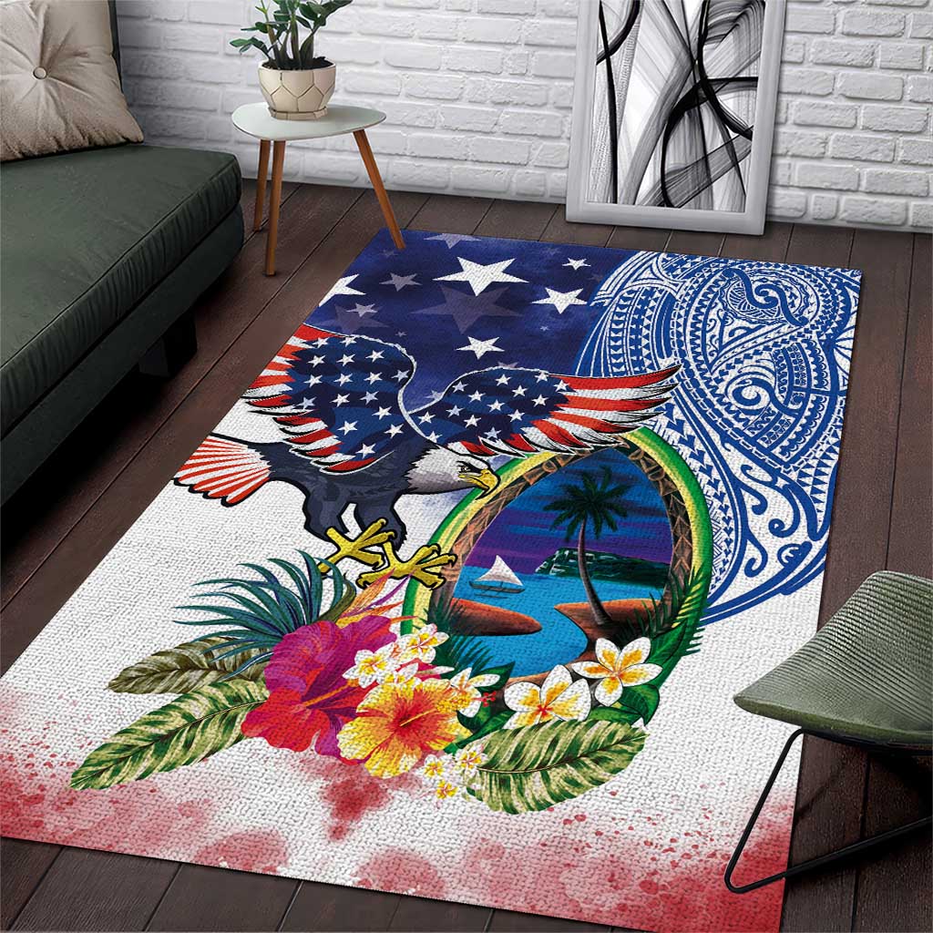 Guam and United States Together Area Rug Bald Eagle and Guam Seal with Flower and Tribal Tattoos - Polynesian Pride