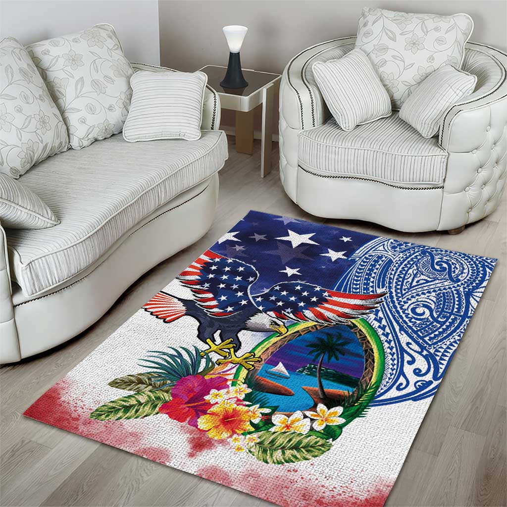 Guam and United States Together Area Rug Bald Eagle and Guam Seal with Flower and Tribal Tattoos - Polynesian Pride
