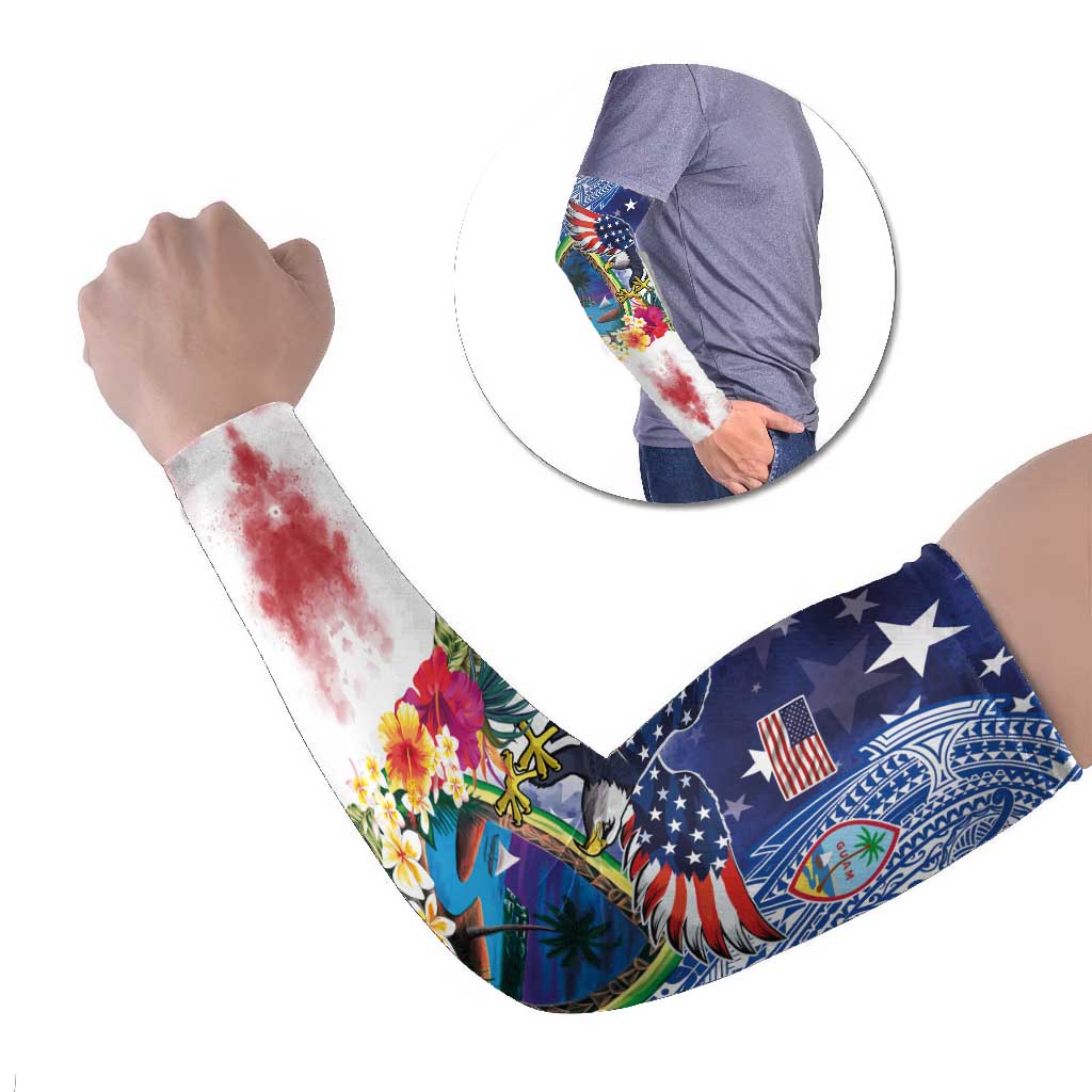 Guam and United States Together Arm Sleeves Bald Eagle and Guam Seal with Flower and Tribal Tattoos LT03 Set of 2 Multicolor - Polynesian Pride