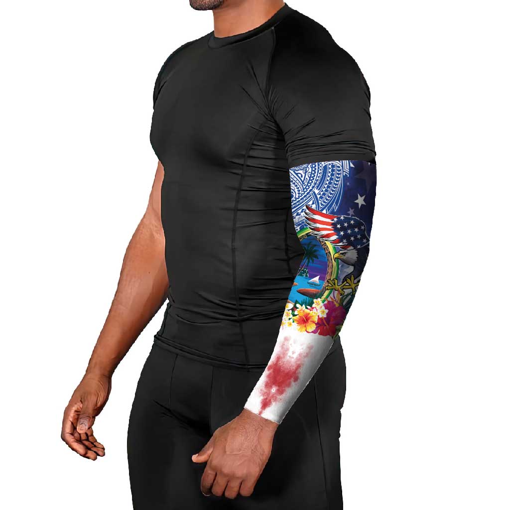 Guam and United States Together Arm Sleeves Bald Eagle and Guam Seal with Flower and Tribal Tattoos - Polynesian Pride