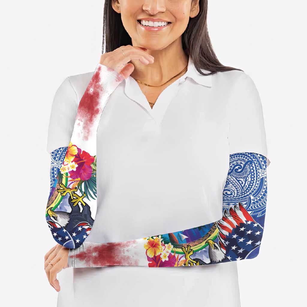Guam and United States Together Arm Sleeves Bald Eagle and Guam Seal with Flower and Tribal Tattoos - Polynesian Pride