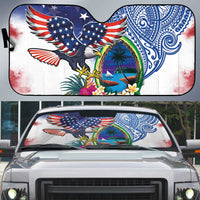 Guam and United States Together Auto Sun Shade Bald Eagle and Guam Seal with Flower and Tribal Tattoos - Polynesian Pride