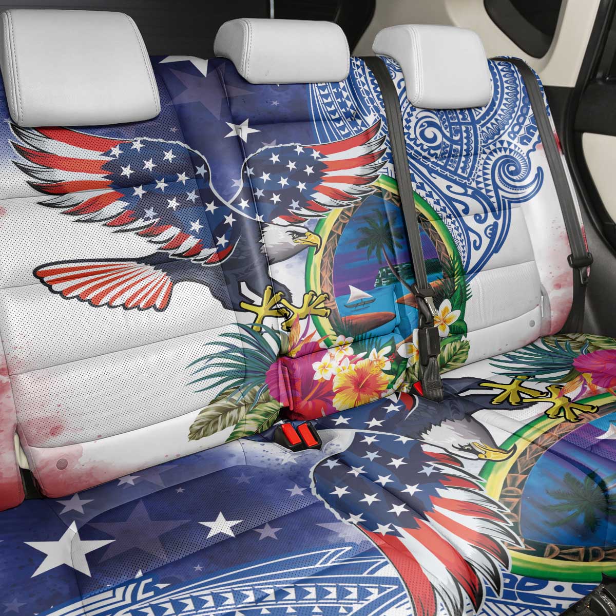 Guam and United States Together Back Car Seat Cover Bald Eagle and Guam Seal with Flower and Tribal Tattoos - Polynesian Pride