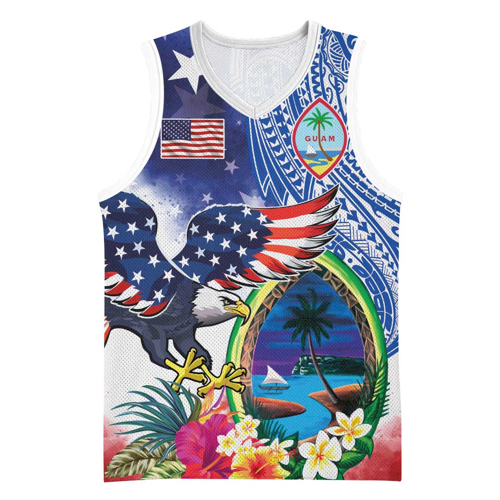 Guam and United States Together Basketball Jersey Bald Eagle and Guam Seal with Flower and Tribal Tattoos LT03 Unisex Multicolor - Polynesian Pride