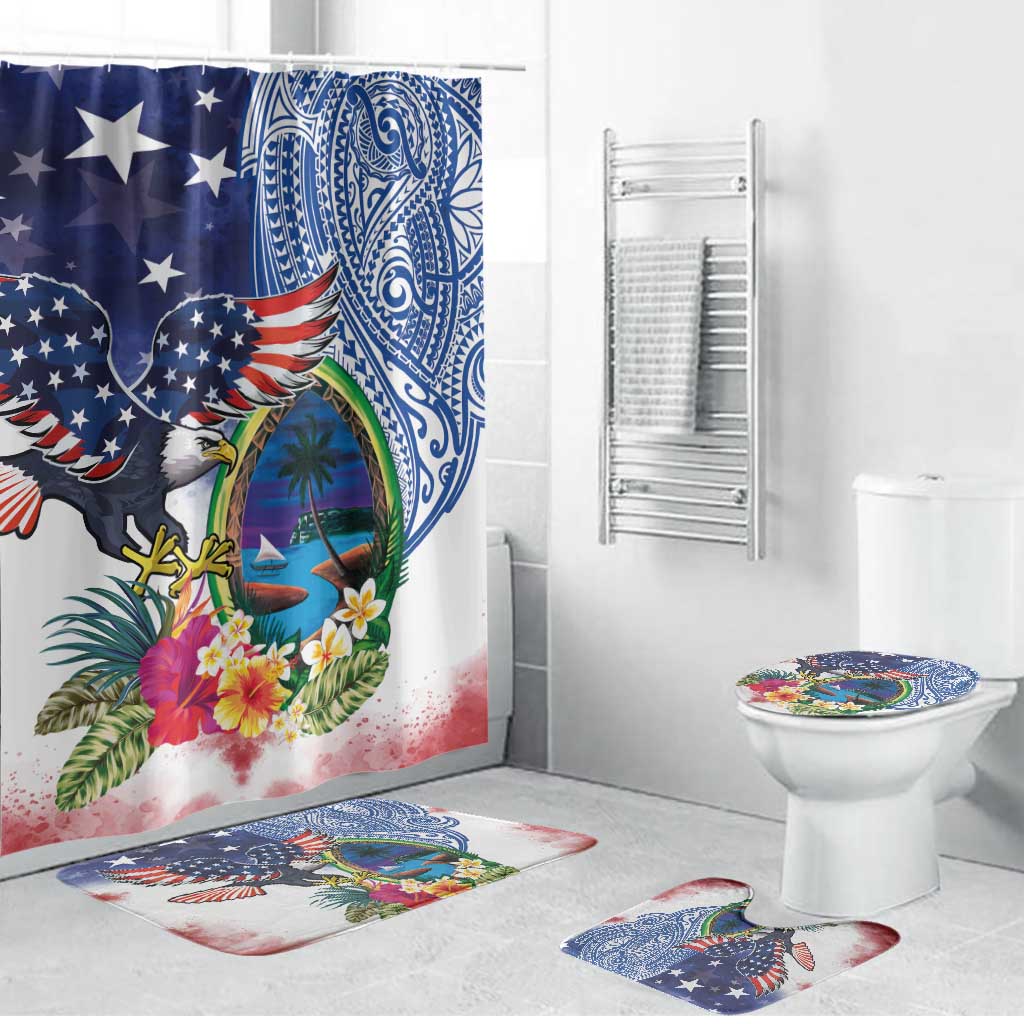 Guam and United States Together Bathroom Set Bald Eagle and Guam Seal with Flower and Tribal Tattoos - Polynesian Pride