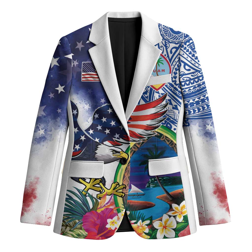 Guam and United States Together Blazer Bald Eagle and Guam Seal with Flower and Tribal Tattoos - Polynesian Pride