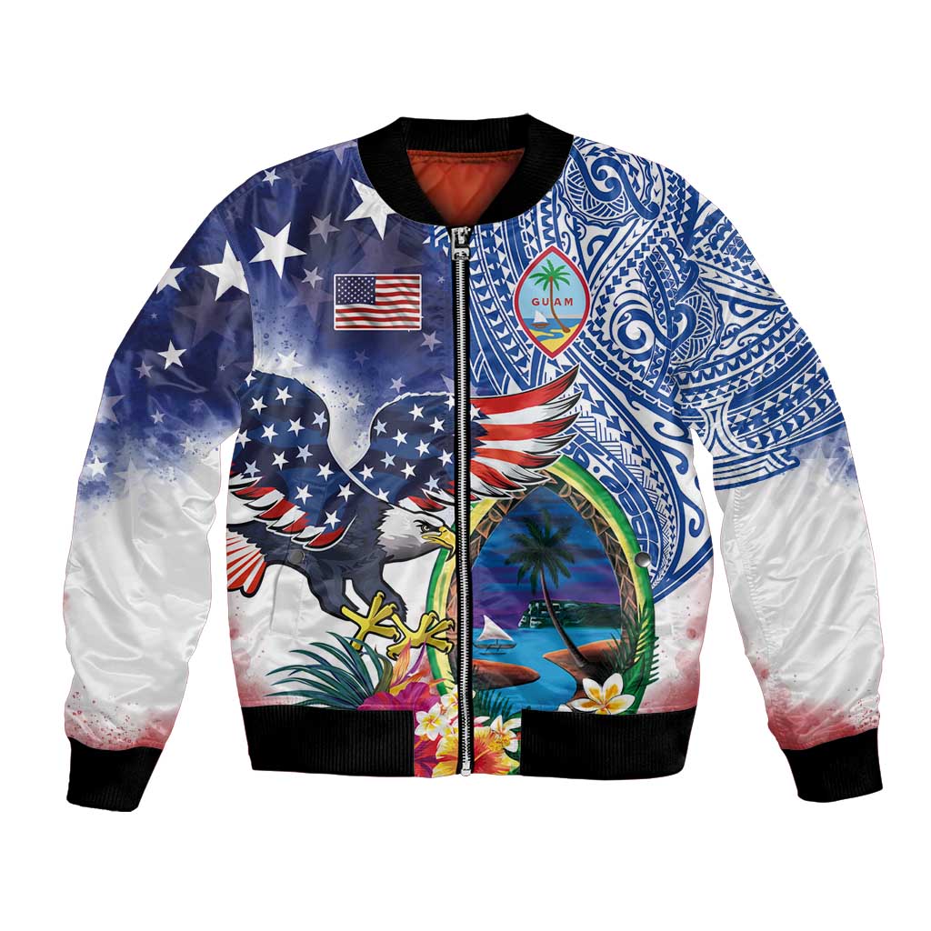Guam and United States Together Bomber Jacket Bald Eagle and Guam Seal with Flower and Tribal Tattoos LT03 Unisex Multicolor - Polynesian Pride
