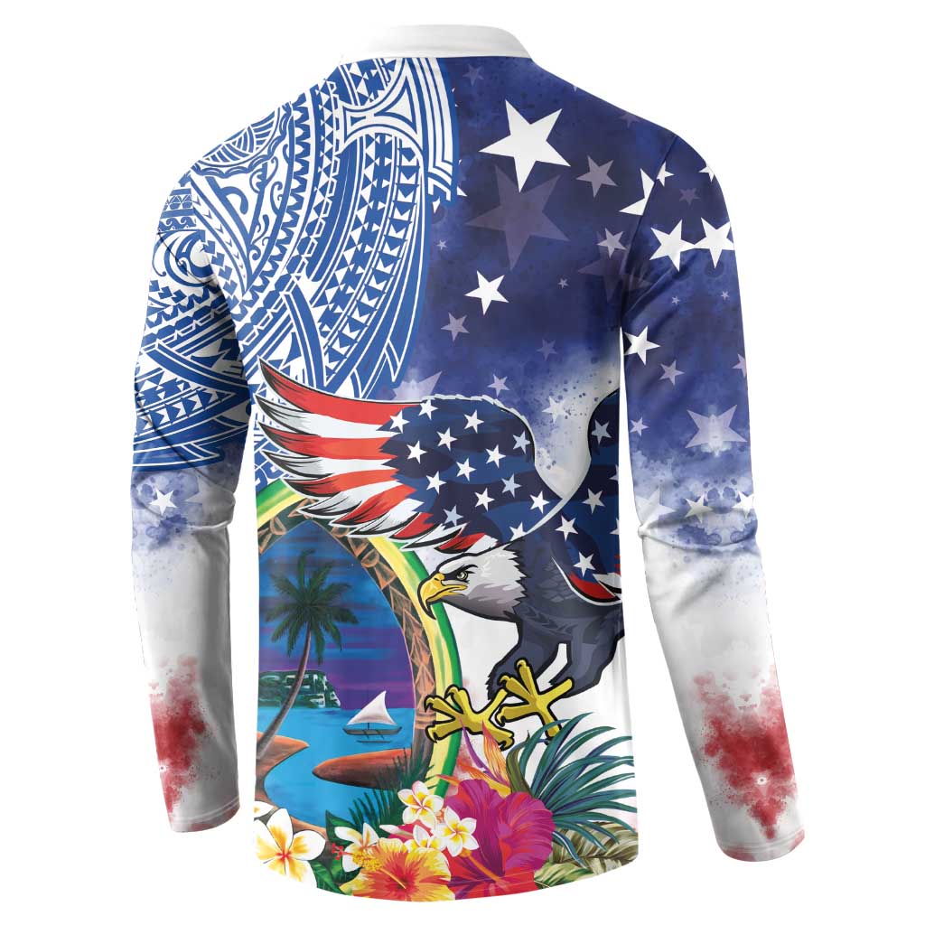 Guam and United States Together Button Sweatshirt Bald Eagle and Guam Seal with Flower and Tribal Tattoos LT03 - Polynesian Pride