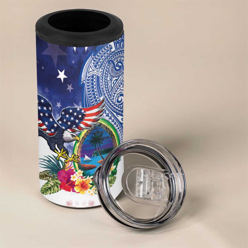 Guam and United States Together 4 in 1 Can Cooler Tumbler Bald Eagle and Guam Seal with Flower and Tribal Tattoos - Polynesian Pride