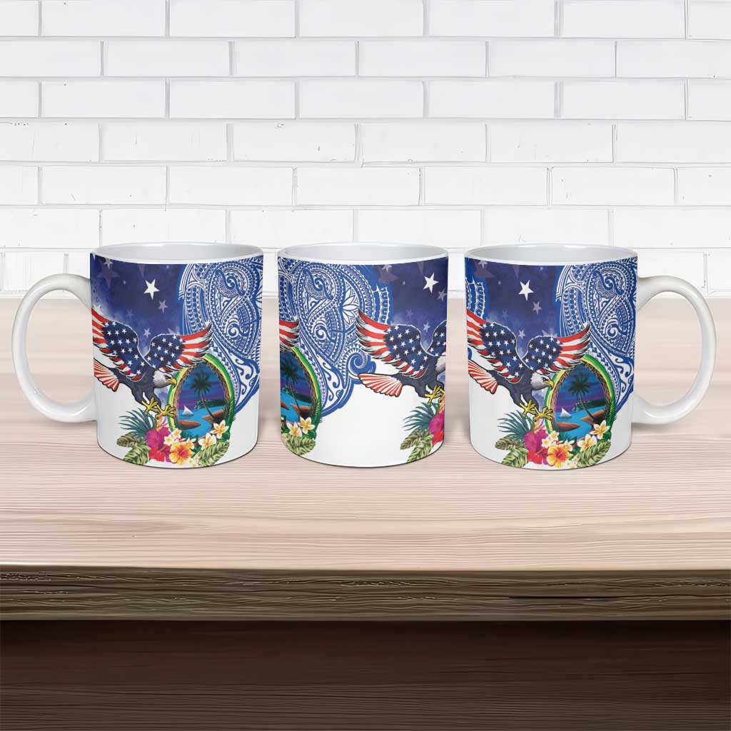 Guam and United States Together Ceramic Mug Bald Eagle and Guam Seal with Flower and Tribal Tattoos - Polynesian Pride