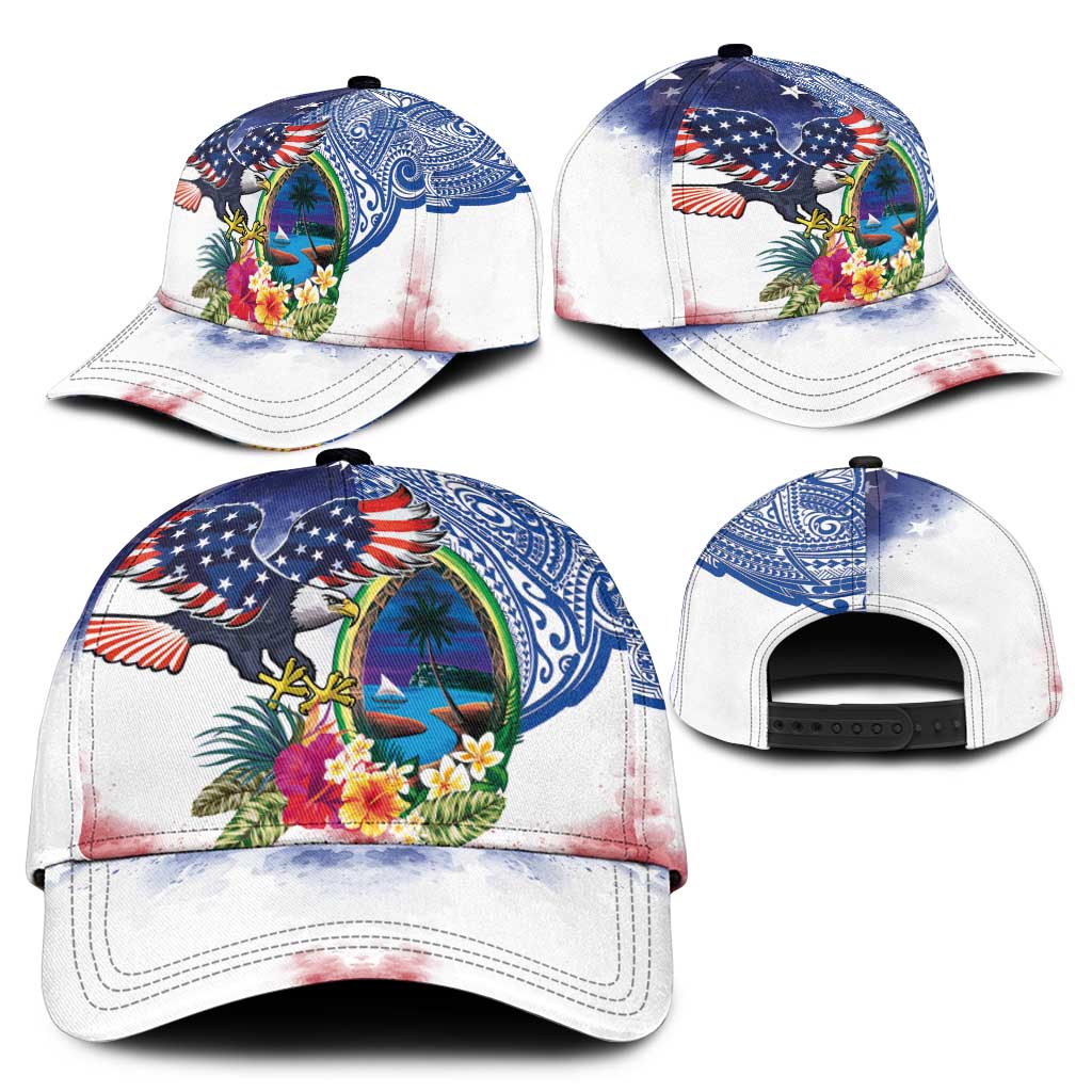 Guam and United States Together Classic Cap Bald Eagle and Guam Seal with Flower and Tribal Tattoos - Polynesian Pride
