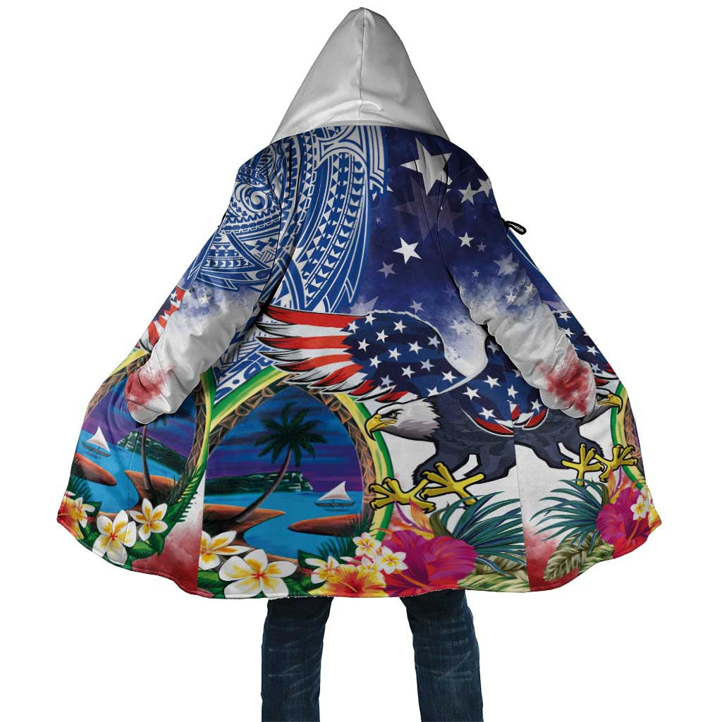 Guam and United States Together Cloak Bald Eagle and Guam Seal with Flower and Tribal Tattoos - Polynesian Pride