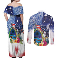 Guam and United States Together Couples Matching Off Shoulder Maxi Dress and Long Sleeve Button Shirt Bald Eagle and Guam Seal with Flower and Tribal Tattoos - Polynesian Pride
