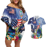 Guam and United States Together Couples Matching Off Shoulder Short Dress and Hawaiian Shirt Bald Eagle and Guam Seal with Flower and Tribal Tattoos - Polynesian Pride