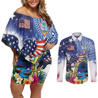 Guam and United States Together Couples Matching Off Shoulder Short Dress and Long Sleeve Button Shirt Bald Eagle and Guam Seal with Flower and Tribal Tattoos - Polynesian Pride
