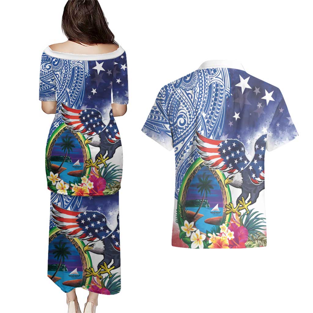 Guam and United States Together Couples Matching Puletasi and Hawaiian Shirt Bald Eagle and Guam Seal with Flower and Tribal Tattoos - Polynesian Pride