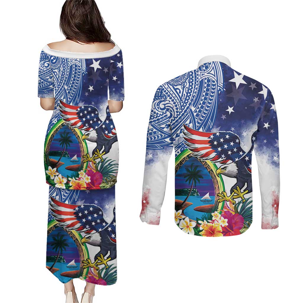 Guam and United States Together Couples Matching Puletasi and Long Sleeve Button Shirt Bald Eagle and Guam Seal with Flower and Tribal Tattoos - Polynesian Pride