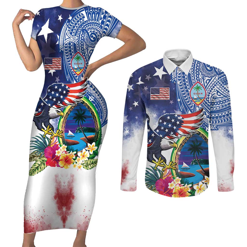 Guam and United States Together Couples Matching Short Sleeve Bodycon Dress and Long Sleeve Button Shirt Bald Eagle and Guam Seal with Flower and Tribal Tattoos - Polynesian Pride