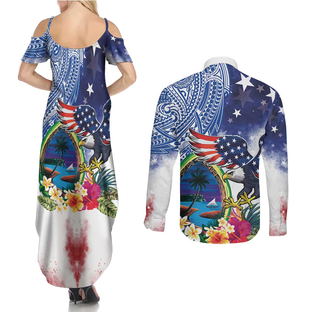 Guam and United States Together Couples Matching Summer Maxi Dress and Long Sleeve Button Shirt Bald Eagle and Guam Seal with Flower and Tribal Tattoos - Polynesian Pride