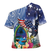 Guam and United States Together Cross Shoulder Shirt Bald Eagle and Guam Seal with Flower and Tribal Tattoos - Polynesian Pride