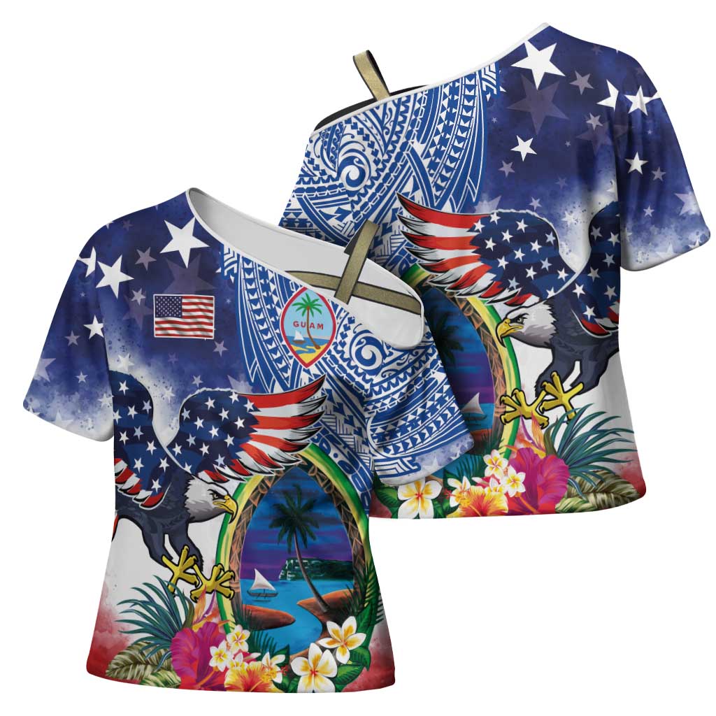Guam and United States Together Cross Shoulder Shirt Bald Eagle and Guam Seal with Flower and Tribal Tattoos - Polynesian Pride