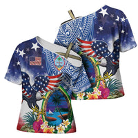 Guam and United States Together Cross Shoulder Shirt Bald Eagle and Guam Seal with Flower and Tribal Tattoos - Polynesian Pride