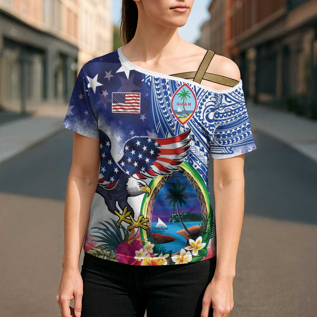 Guam and United States Together Cross Shoulder Shirt Bald Eagle and Guam Seal with Flower and Tribal Tattoos - Polynesian Pride