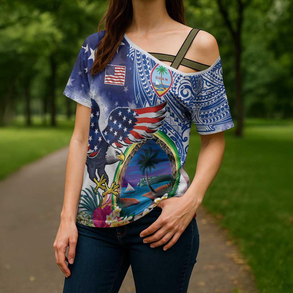 Guam and United States Together Cross Shoulder Shirt Bald Eagle and Guam Seal with Flower and Tribal Tattoos - Polynesian Pride