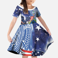 Guam and United States Together Family Matching Long Sleeve Bodycon Dress and Hawaiian Shirt Bald Eagle and Guam Seal with Flower and Tribal Tattoos - Polynesian Pride