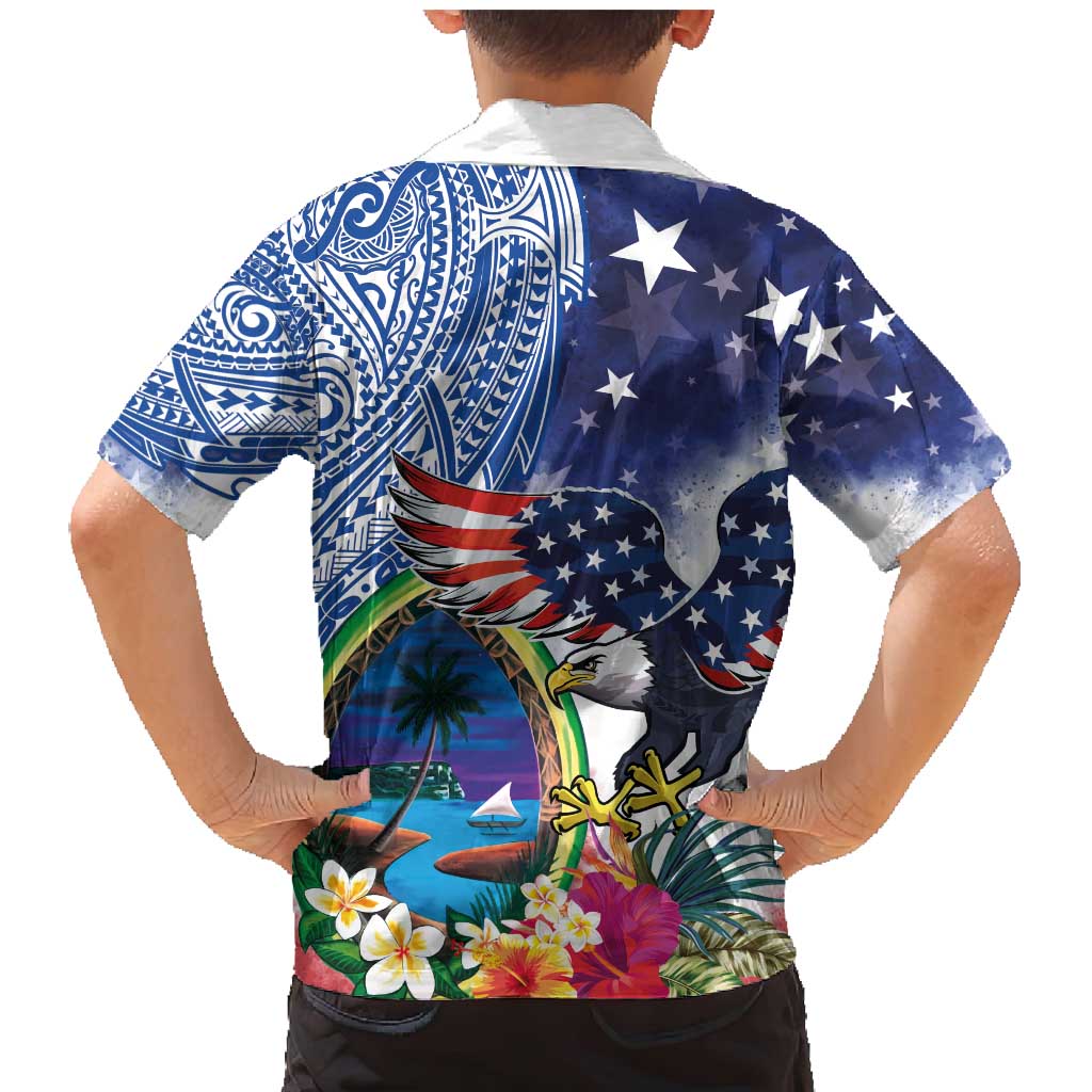 Guam and United States Together Family Matching Mermaid Dress and Hawaiian Shirt Bald Eagle and Guam Seal with Flower and Tribal Tattoos - Polynesian Pride