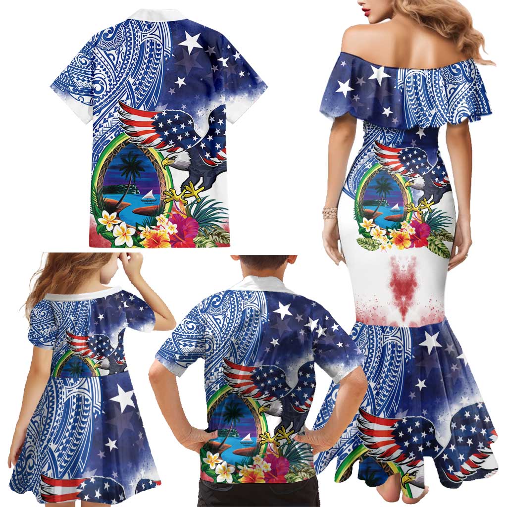 Guam and United States Together Family Matching Mermaid Dress and Hawaiian Shirt Bald Eagle and Guam Seal with Flower and Tribal Tattoos - Polynesian Pride