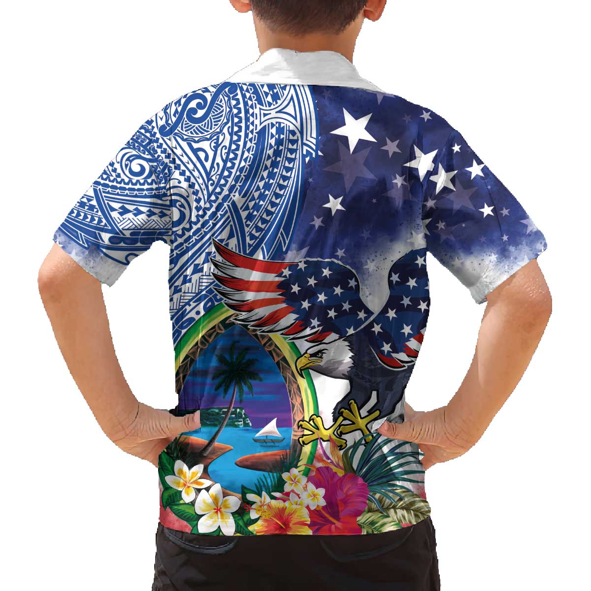 Guam and United States Together Family Matching Off The Shoulder Long Sleeve Dress and Hawaiian Shirt Bald Eagle and Guam Seal with Flower and Tribal Tattoos - Polynesian Pride