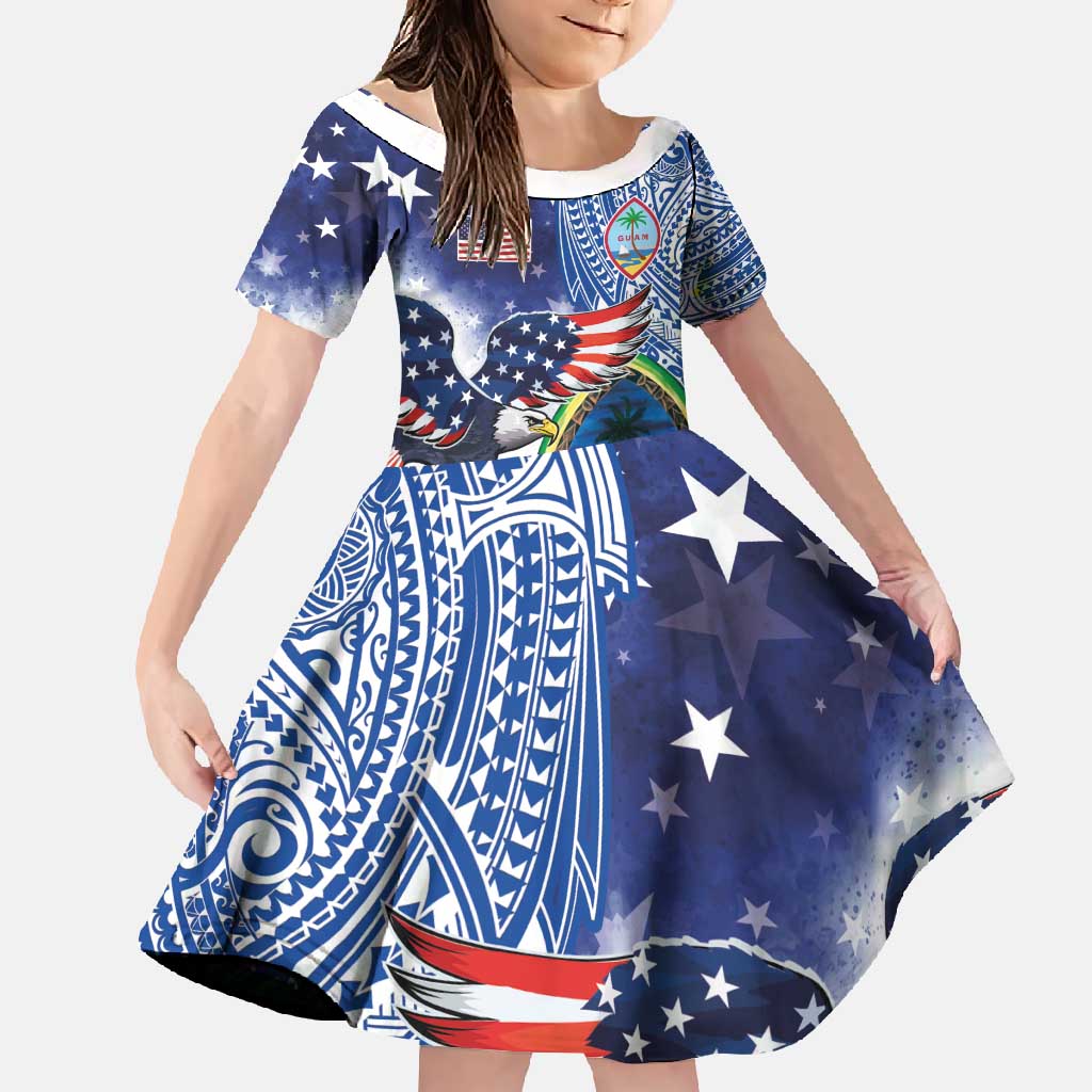 Guam and United States Together Family Matching Off Shoulder Maxi Dress and Hawaiian Shirt Bald Eagle and Guam Seal with Flower and Tribal Tattoos - Polynesian Pride