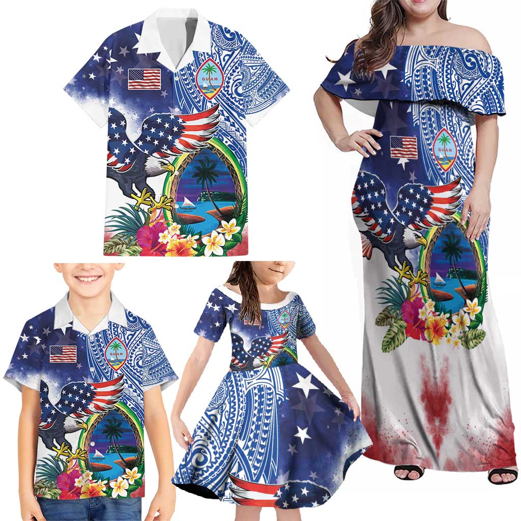 Guam and United States Together Family Matching Off Shoulder Maxi Dress and Hawaiian Shirt Bald Eagle and Guam Seal with Flower and Tribal Tattoos - Polynesian Pride