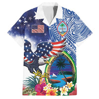 Guam and United States Together Family Matching Off Shoulder Maxi Dress and Hawaiian Shirt Bald Eagle and Guam Seal with Flower and Tribal Tattoos - Polynesian Pride