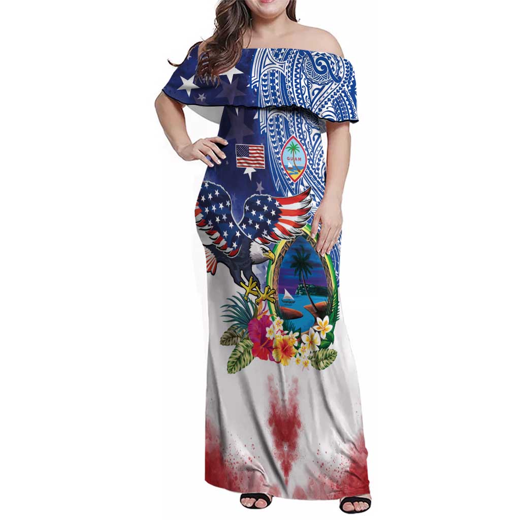 Guam and United States Together Family Matching Off Shoulder Maxi Dress and Hawaiian Shirt Bald Eagle and Guam Seal with Flower and Tribal Tattoos - Polynesian Pride