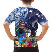 Guam and United States Together Family Matching Off Shoulder Short Dress and Hawaiian Shirt Bald Eagle and Guam Seal with Flower and Tribal Tattoos - Polynesian Pride