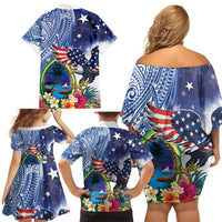 Guam and United States Together Family Matching Off Shoulder Short Dress and Hawaiian Shirt Bald Eagle and Guam Seal with Flower and Tribal Tattoos - Polynesian Pride