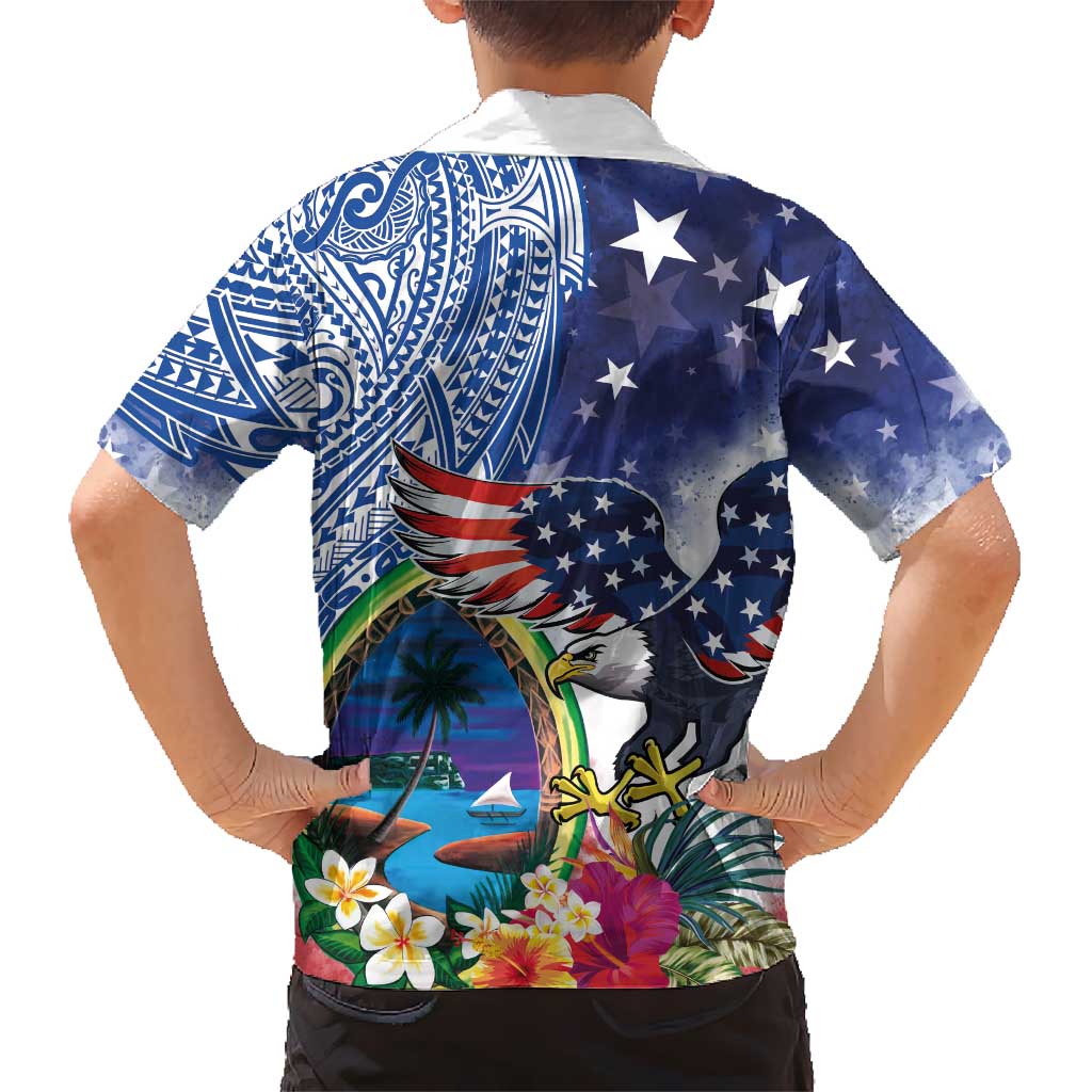 Guam and United States Together Family Matching Puletasi and Hawaiian Shirt Bald Eagle and Guam Seal with Flower and Tribal Tattoos - Polynesian Pride