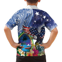Guam and United States Together Family Matching Puletasi and Hawaiian Shirt Bald Eagle and Guam Seal with Flower and Tribal Tattoos - Polynesian Pride