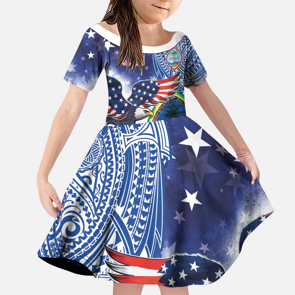 Guam and United States Together Family Matching Puletasi and Hawaiian Shirt Bald Eagle and Guam Seal with Flower and Tribal Tattoos - Polynesian Pride
