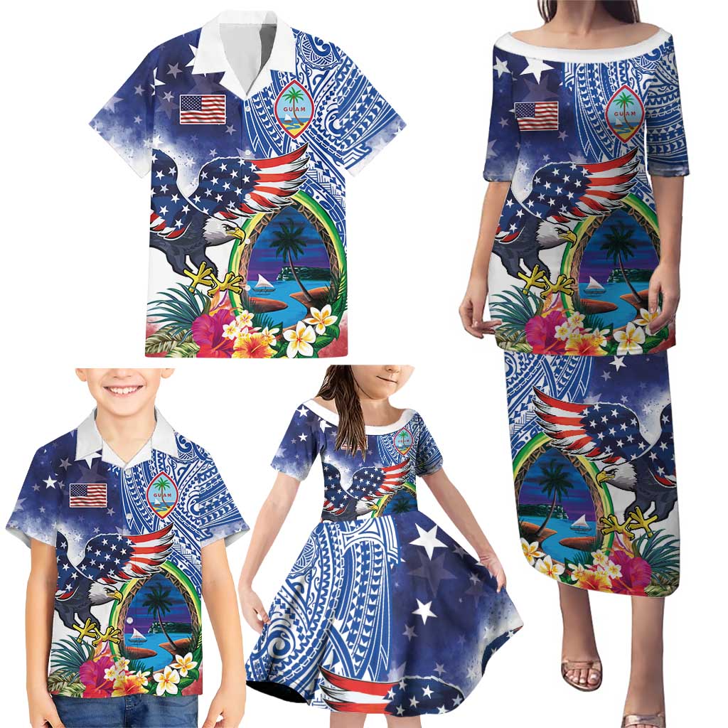 Guam and United States Together Family Matching Puletasi and Hawaiian Shirt Bald Eagle and Guam Seal with Flower and Tribal Tattoos - Polynesian Pride