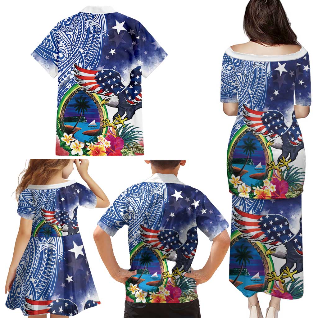 Guam and United States Together Family Matching Puletasi and Hawaiian Shirt Bald Eagle and Guam Seal with Flower and Tribal Tattoos - Polynesian Pride