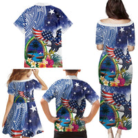 Guam and United States Together Family Matching Puletasi and Hawaiian Shirt Bald Eagle and Guam Seal with Flower and Tribal Tattoos - Polynesian Pride