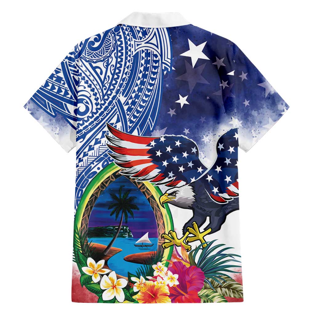 Guam and United States Together Family Matching Puletasi and Hawaiian Shirt Bald Eagle and Guam Seal with Flower and Tribal Tattoos - Polynesian Pride