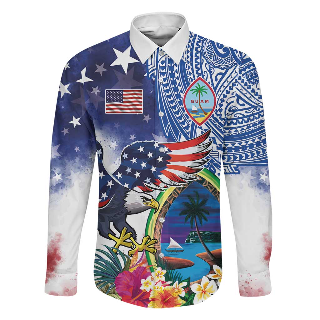 Guam and United States Together Family Matching Puletasi and Hawaiian Shirt Bald Eagle and Guam Seal with Flower and Tribal Tattoos - Polynesian Pride