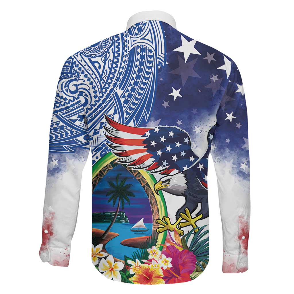 Guam and United States Together Family Matching Puletasi and Hawaiian Shirt Bald Eagle and Guam Seal with Flower and Tribal Tattoos - Polynesian Pride