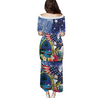 Guam and United States Together Family Matching Puletasi and Hawaiian Shirt Bald Eagle and Guam Seal with Flower and Tribal Tattoos - Polynesian Pride