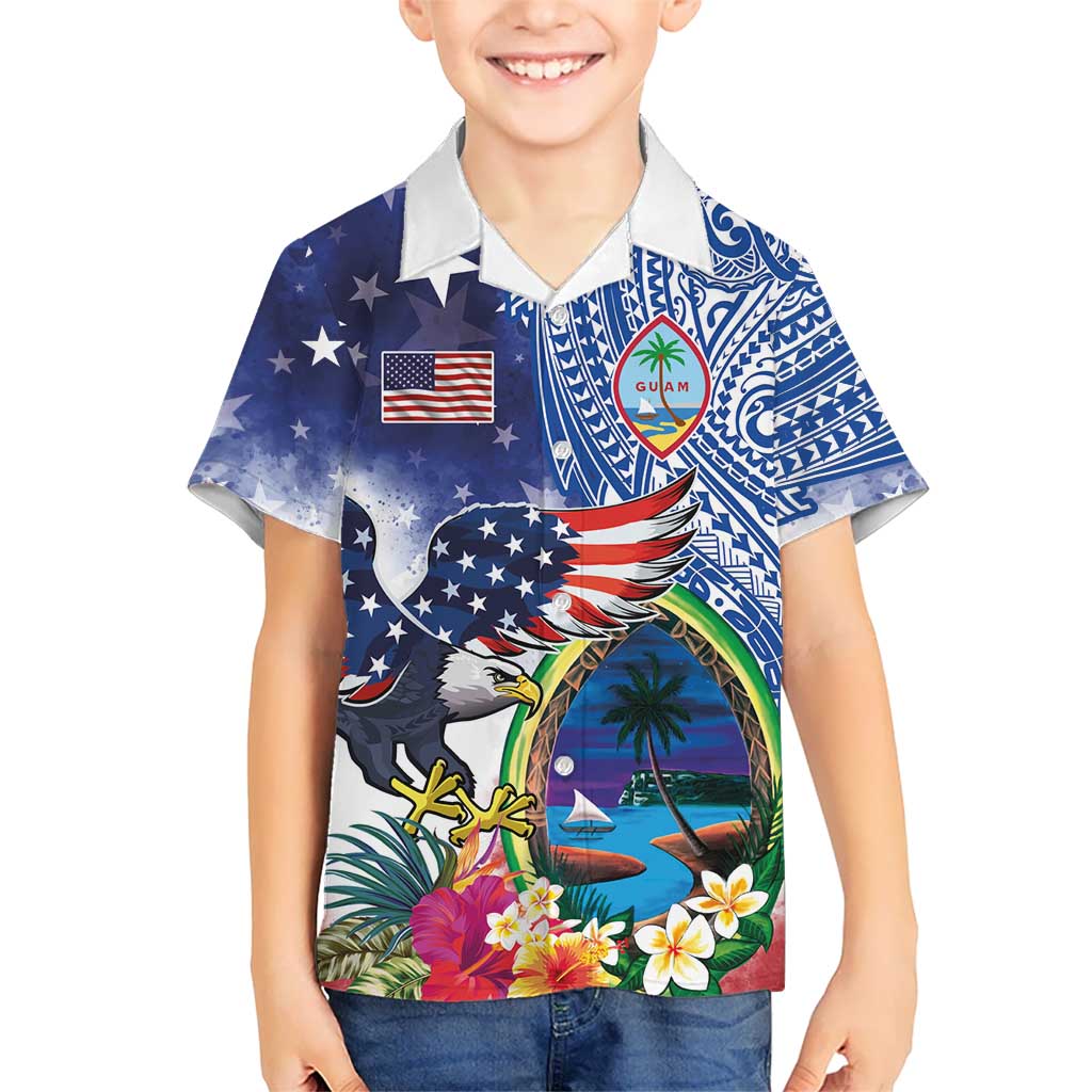 Guam and United States Together Family Matching Puletasi and Hawaiian Shirt Bald Eagle and Guam Seal with Flower and Tribal Tattoos - Polynesian Pride